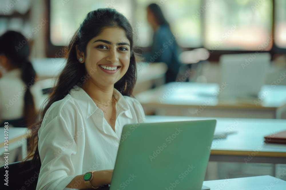 A woman is sitting at a desk with a laptop in front of her. She is smiling and she is happy A woman is sitting at a desk with a laptop in front of her. She is smiling and she is happy