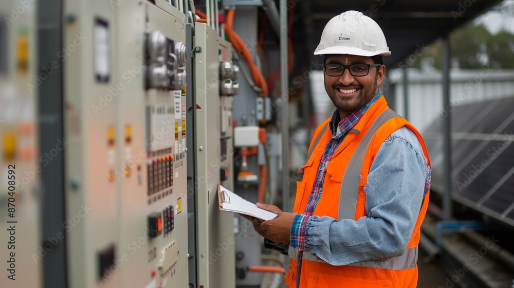 A happy Indian electrician in an orange safety vest and white hard hat stands next to high-tech power equipment