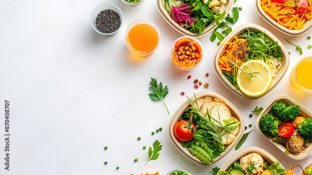 Healthy take away food and drinks in disposable eco friendly paper containers on gray background, top view. Healthy take away food and drinks in disposable eco friendly paper containers on gray background, top view.