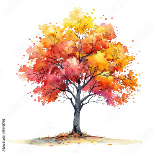 Vibrant watercolor painting of a tree with bright autumn foliage, showcasing a blend of red, orange, and yellow leaves.