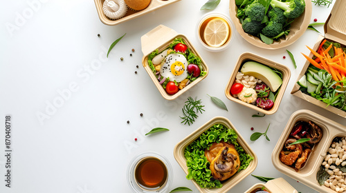 Healthy take away food and drinks in disposable eco friendly paper containers on gray background, top view.