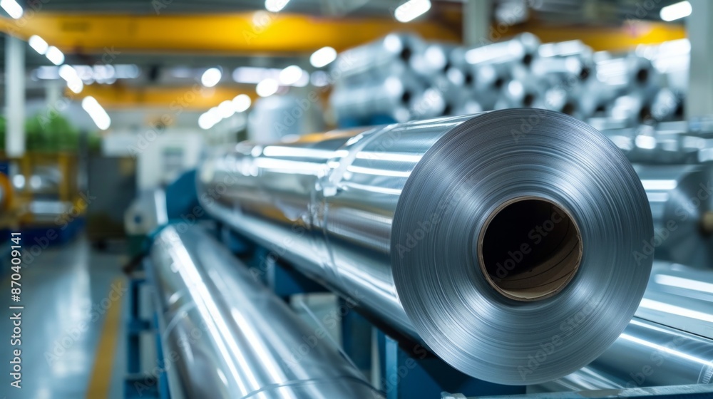 Fototapeta premium aluminum coil of foil on machinery, industrial storage, ready for sale