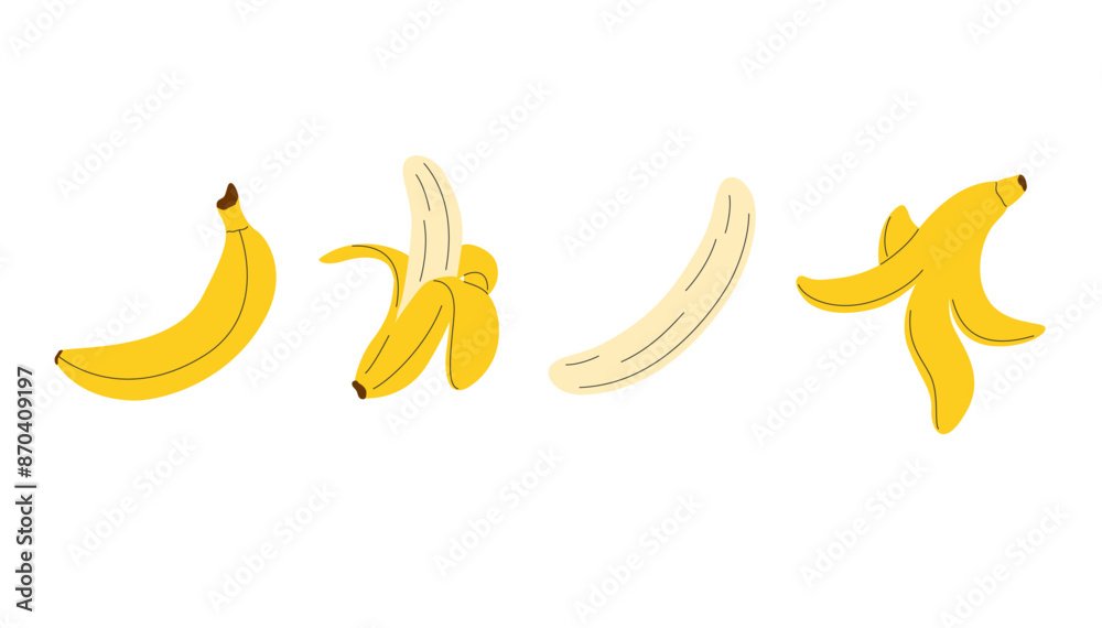 Banana fruit set. Hand drawn collection with bananas. Whole banana, half opened peel, only peel and peeled banana Banana fruit set. Hand drawn collection with bananas. Whole banana, half opened peel, only peel and peeled banana