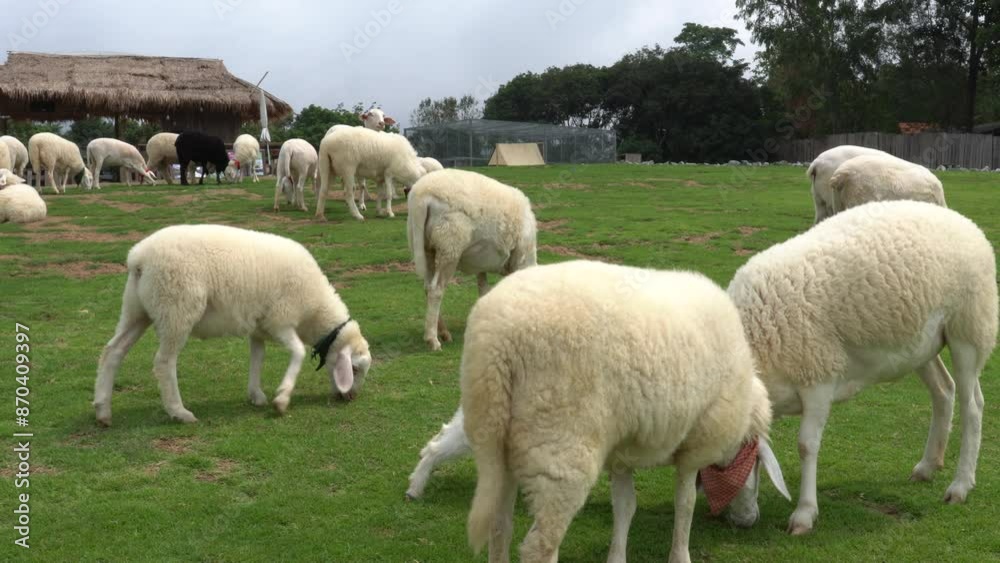 Farm animal sheep walking, resting, eating grass freely in farmland Farm animal sheep walking, resting, eating grass freely in farmland