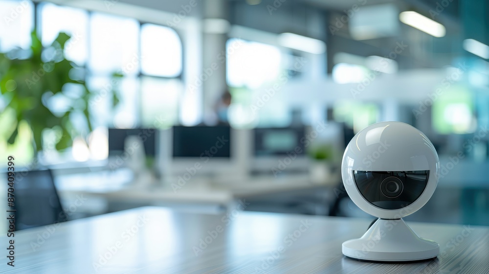 Modern Security Camera on Desk in Modern Office Setting Modern Security Camera on Desk in Modern Office Setting