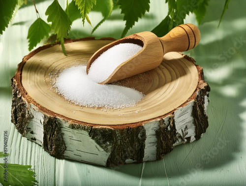 Xylitol sweetener - birch tree with sugar and spoon photo