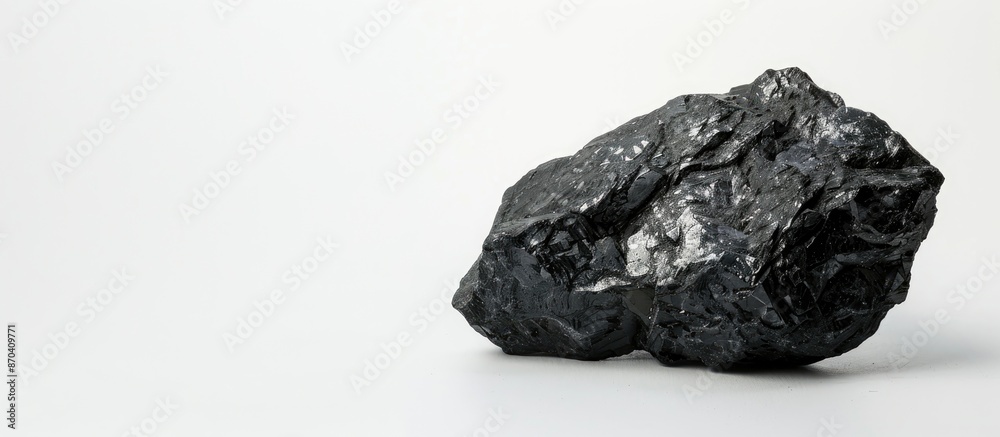 Fototapeta premium Shiny coal carbon stone on a white backdrop with copy space image.
