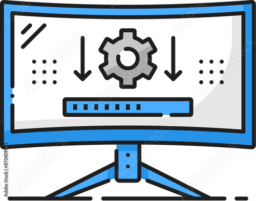 Computer monitor hardware software driver installation line color icon. Digital technology hardware, computer system drivers or server software linear vector symbol with PC monitor or screen