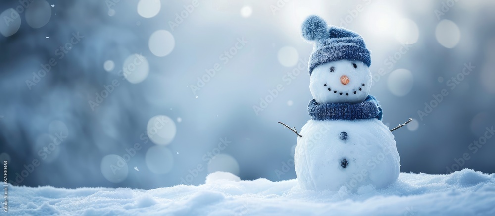 Fototapeta premium A charming snowman in winter, destined to melt, in an image with copy space.