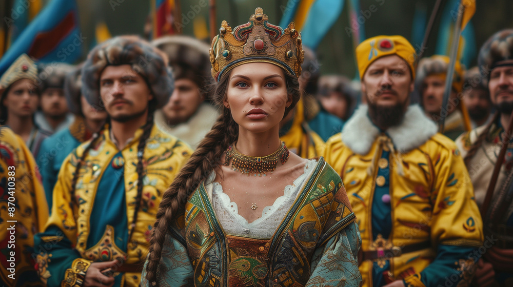 Ukrainian queen in traditional clothing with Cossacks Ukrainian queen in traditional clothing with Cossacks