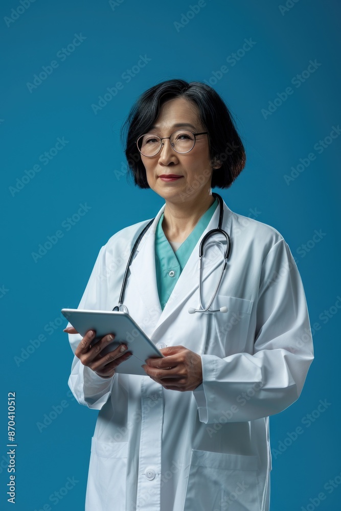 A woman in a white lab coat is holding a tablet in her hand. She is wearing a green shirt and a white lab coat A woman in a white lab coat is holding a tablet in her hand. She is wearing a green shirt and a white lab coat