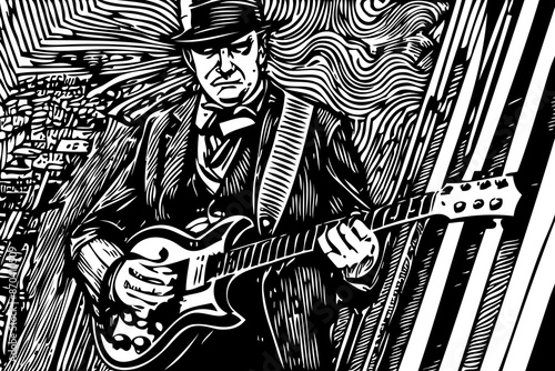 old man blues musician with guitar and hat on a abstract background

