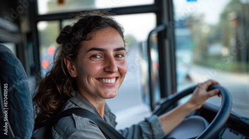 A woman is smiling and driving a bus