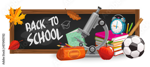 Back to school banner featuring chalkboard with school supplies including microscope, books, alarm clock, soccer ball, apple and pencils case. Vector educational background adorned with autumn leaves