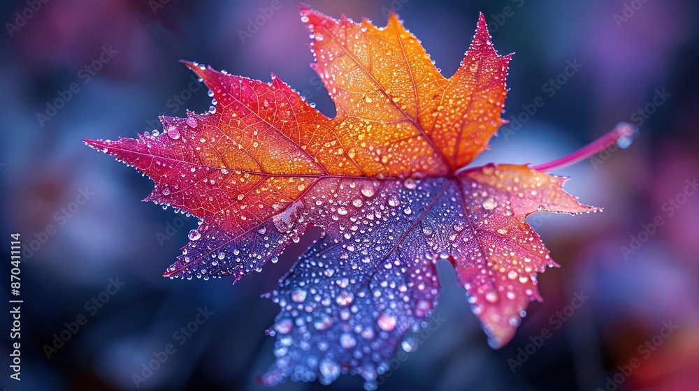 Maple leaf in vibrant hues with circuit veins, morning mist droplets on the surface Maple leaf in vibrant hues with circuit veins, morning mist droplets on the surface