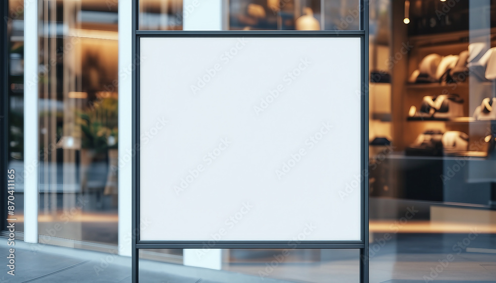Mock up of blank white showcase window of boutique store outdoors Mock up of blank white showcase window of boutique store outdoors