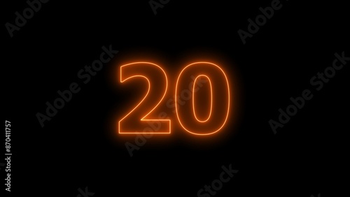 Neon digital number twenty with alpha channel, neon sign illustration.