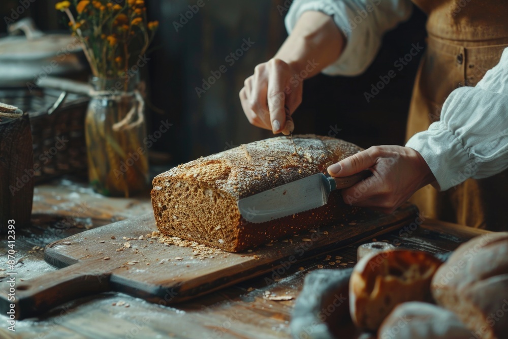 A person is cutting a loaf of bread on a wooden cutting board. The bread is sliced into pieces and there are several other loaves of bread on the table A person is cutting a loaf of bread on a wooden cutting board. The bread is sliced into pieces and there are several other loaves of bread on the table