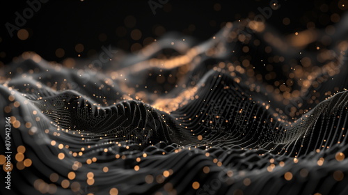 3D render of a fractal web structure, extreme close-up, depth of field, black and gold color scheme, intricate details, hyper-realistic, in the style of a digital artist, nanophotography