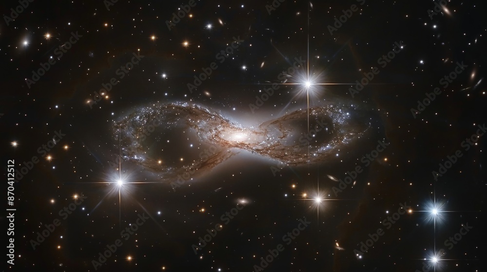 View from space to a spiral galaxy and stars. View from space to a spiral galaxy and stars.