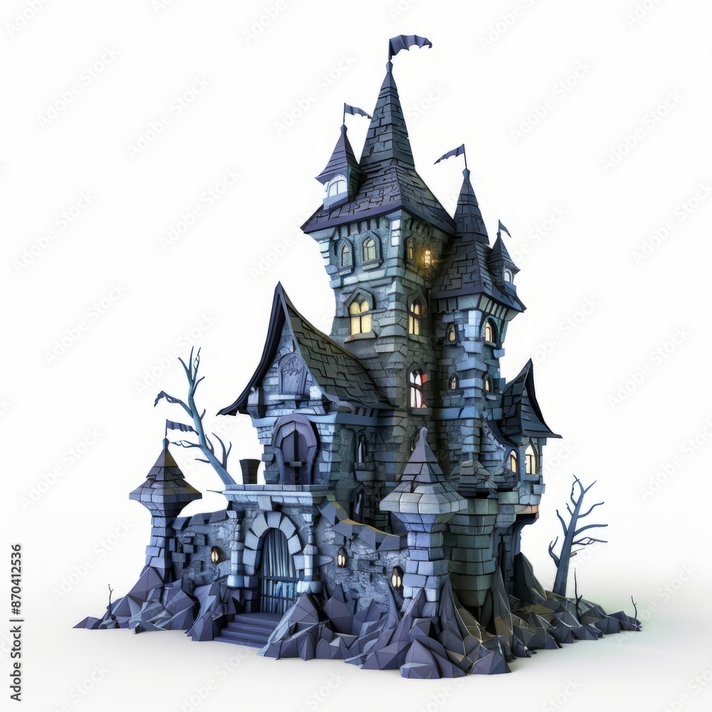 3D Render, Low Poly style of a haunted castle with eerie details, on isolated white background, Generative AI 3D Render, Low Poly style of a haunted castle with eerie details, on isolated white background, Generative AI