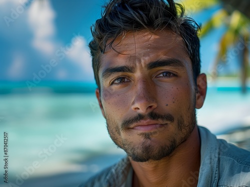 A rugged man with a beard, standing on a tropical beach, looking directly at the camera. © Amigos.Flipado