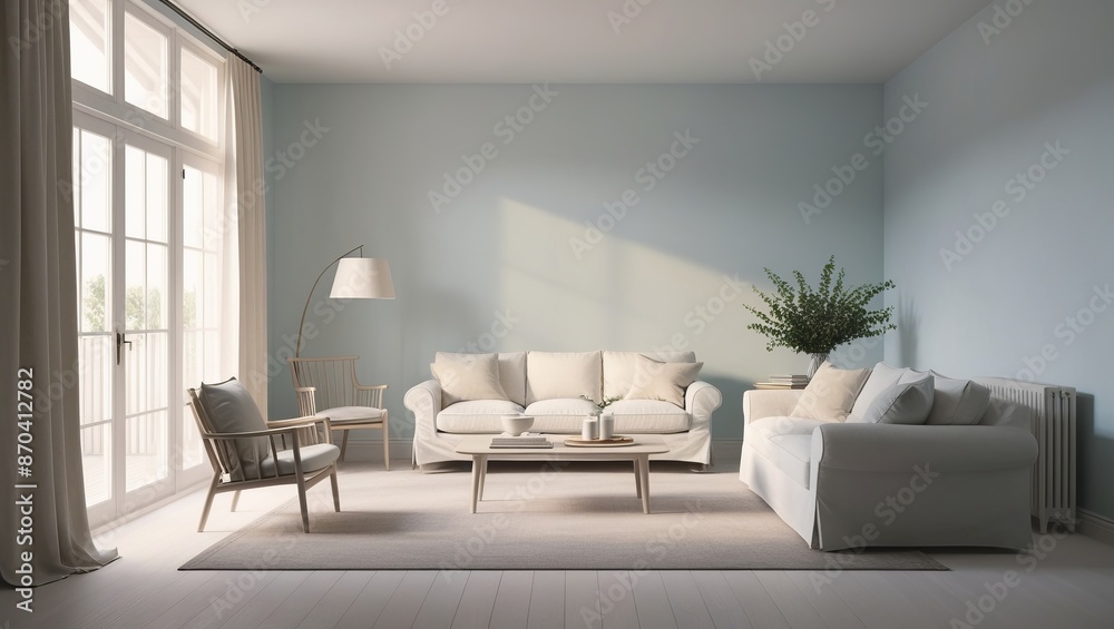 A serene minimalistic interior in digital art, depicting a sparse yet elegant living space with a soft light blue background A serene minimalistic interior in digital art, depicting a sparse yet elegant living space with a soft light blue background