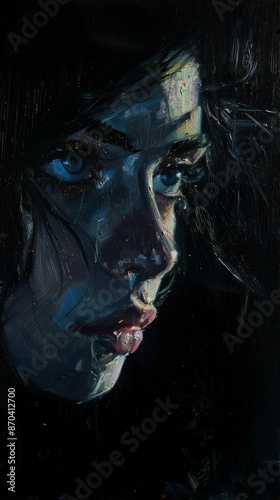 A haunting portrait of a woman's face, captured in the artist's signature style.