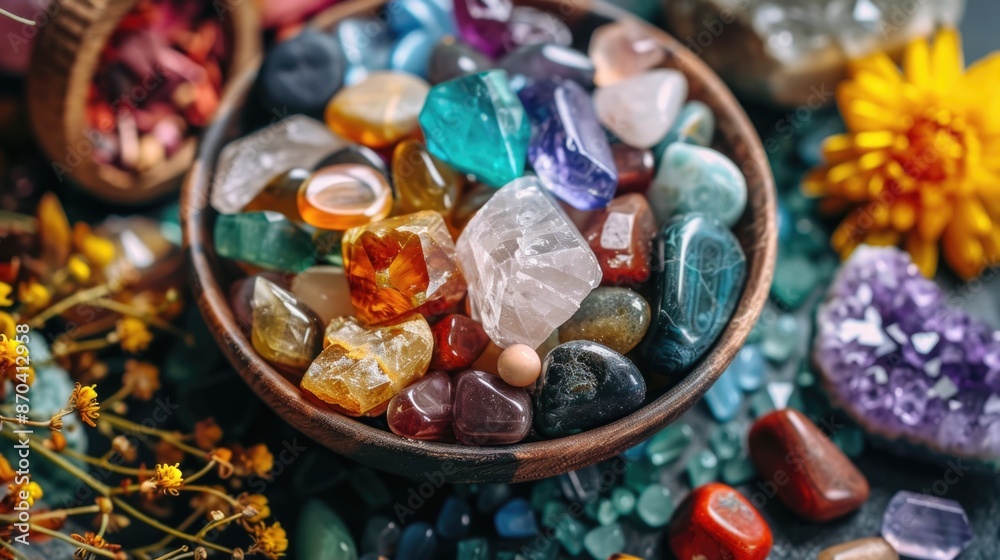 A bowl filled with a variety of colorful stones and crystals. The bowl is placed on a table with a vase of yellow flowers in the background. Concept of natural beauty and serenity, as the stones A bowl filled with a variety of colorful stones and crystals. The bowl is placed on a table with a vase of yellow flowers in the background. Concept of natural beauty and serenity, as the stones