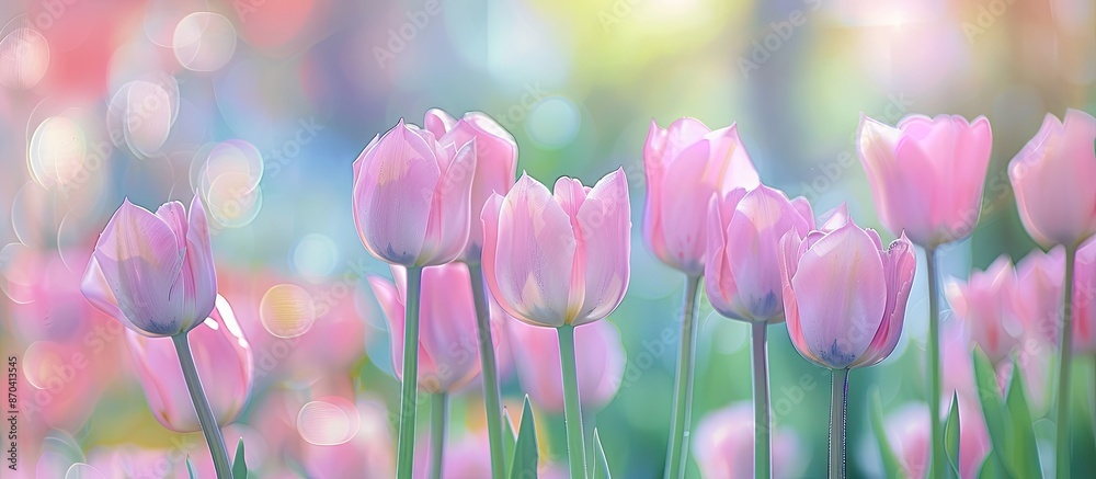 Pink tulips group in a field with a spring blurred backdrop, ideal for a postcard featuring a bouquet suitable for Mother's Day or Women's Day with a soft selective focus and copy space image. Pink tulips group in a field with a spring blurred backdrop, ideal for a postcard featuring a bouquet suitable for Mother's Day or Women's Day with a soft selective focus and copy space image.