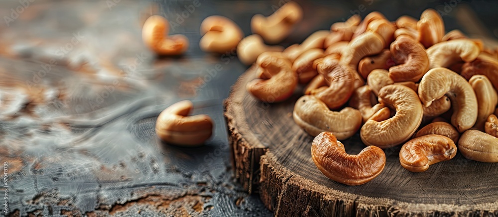 Close-up of a roasted cashew nut on a wooden board with copy space image. Close-up of a roasted cashew nut on a wooden board with copy space image.
