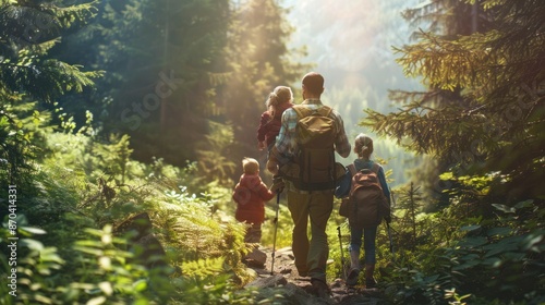 Family hiking through a lush forest trail, enjoying nature and outdoor adventure, with sunlight filtering through the trees.