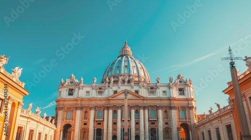 Beautiful view of iconic St. Peter's Basilica in Vatican City against a clear blue sky, showcasing stunning architecture and historic significance.