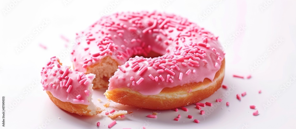 Quality image of isolated pink donut on white background with a bite taken from it. Copy space image. Place for adding text and design Quality image of isolated pink donut on white background with a bite taken from it. Copy space image. Place for adding text and design