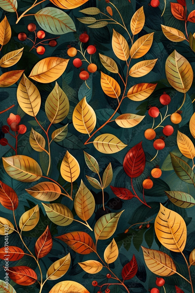pattern of autumn leaves and berries on a dark background