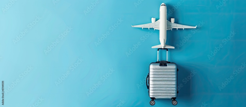 A mini plane and suitcase on blue backdrop symbolize travel readiness, tourism, airlines, affordable flights, and packing with a top-down view for a copy space image. A mini plane and suitcase on blue backdrop symbolize travel readiness, tourism, airlines, affordable flights, and packing with a top-down view for a copy space image.