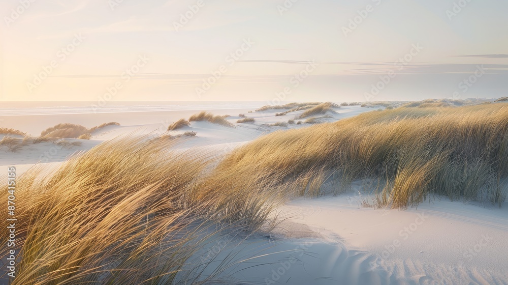 Serene Coastal Landscape with Dunes and Swirling Grass at Sunrise Captured by DJI Mavic Air 2 Drone Serene Coastal Landscape with Dunes and Swirling Grass at Sunrise Captured by DJI Mavic Air 2 Drone