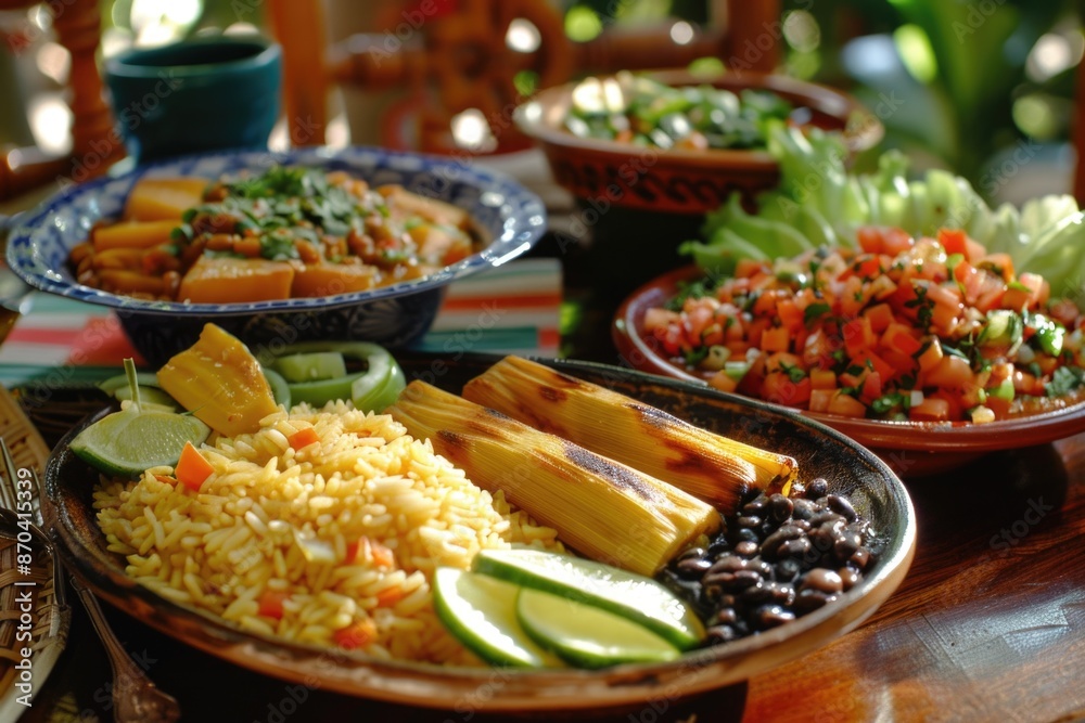 A table with a variety of food, including rice, beans, and vegetables. The table is set for a meal, and there are several bowls and cups on the table A table with a variety of food, including rice, beans, and vegetables. The table is set for a meal, and there are several bowls and cups on the table