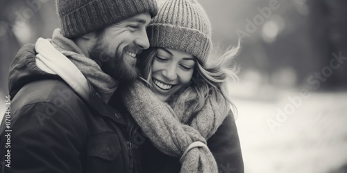 A man and woman are hugging each other in the snow. They are both smiling and seem to be enjoying each other's company