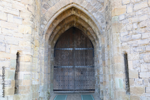 Medieval castle wooden door in Wales, UK 
