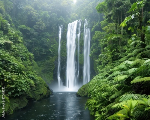 Majestic waterfall cascading into a serene pool surrounded by lush green foliage in a tropical rainforest.