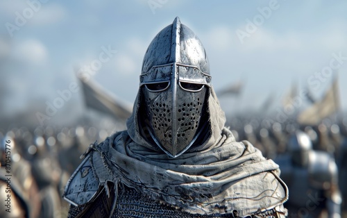 Medieval knight in full armor standing on a battlefield with other soldiers, ready for battle under a cloudy sky.