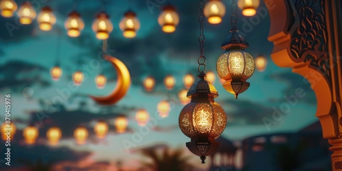 A beautiful night sky with a crescent moon and a few lanterns hanging from a building. The lanterns are lit up, creating a warm and inviting atmosphere. Concept of relaxation and tranquility