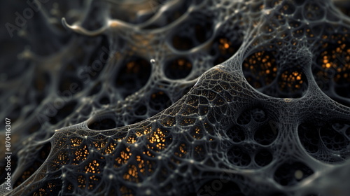 3D render of a fractal web structure, extreme close-up, depth of field, black and gold color scheme, intricate details, hyper-realistic, in the style of a digital artist, nanophotography