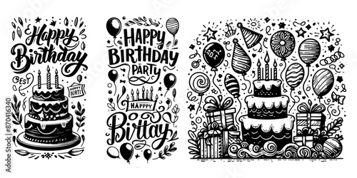 Charming Birthday Calligraphy: Hand-Drawn Cakes and Balloons. Elegant Birthday Lettering: Calligraphy Quotes and Party Illustrations. Stylish Birthday Wishes: Calligraphy and Hand-Drawn Party Art.
