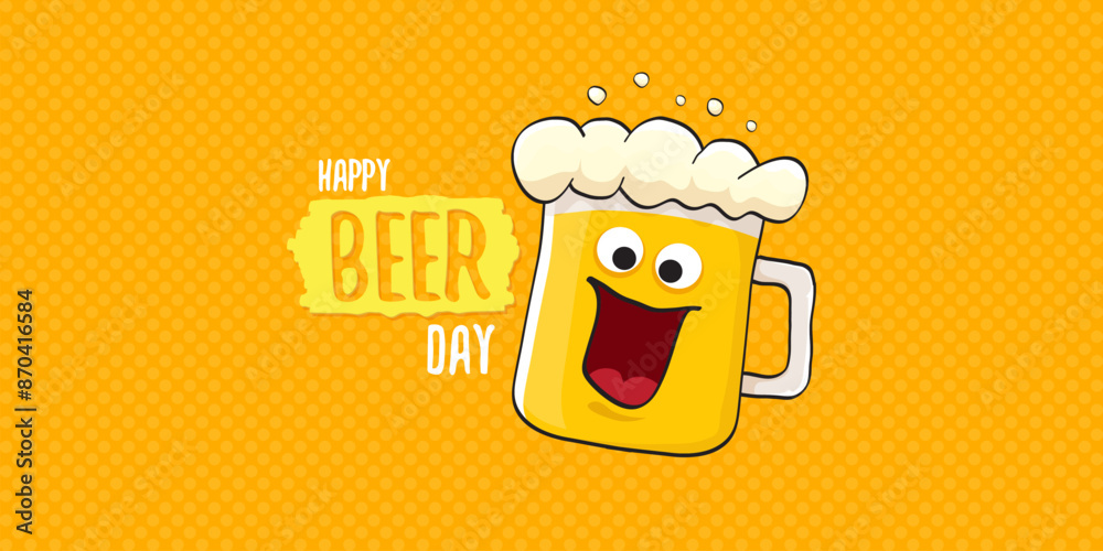 International beer day horizontal banner or summer poster with vector funky beer character isolated on yellow beer background. Vector Cartoon funny International beer day label and poster International beer day horizontal banner or summer poster with vector funky beer character isolated on yellow beer background. Vector Cartoon funny International beer day label and poster