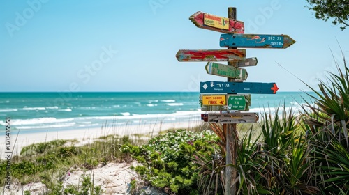 Coastal Adventure Awaits: Beach Signpost with Ocean View