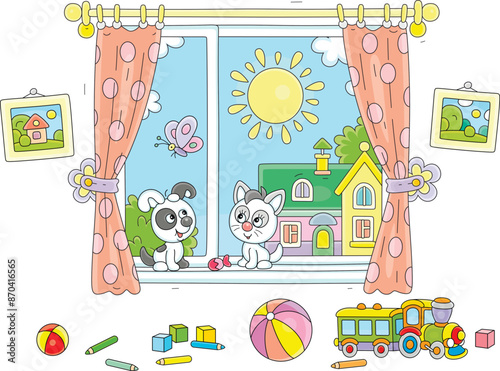 Funny little puppy and kitten sitting on a windowsill in a nursery room with scattered toys, watching a small butterfly and talking happily on a sunny summer day, vector cartoon illustration