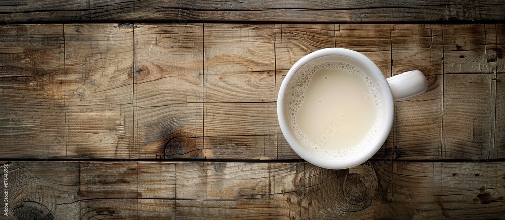 A bird's-eye view of a brimming milk pitcher on a wooden table with a blank area for an image. Copy space image. Place for adding text and design A bird's-eye view of a brimming milk pitcher on a wooden table with a blank area for an image. Copy space image. Place for adding text and design