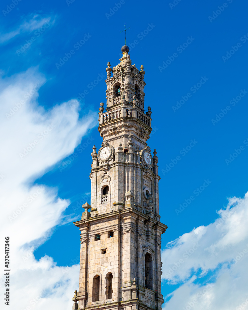 The tower of Clerigos Church (Igreja e Torre dos Clerigos) located in the heart of the city of Porto in northern Portugal